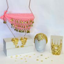 Kit Tiara, Cinto, Colar, Brincos E Par De Pulseiras Moedas Dança Do Ventre/Cigana/Indiana - KIT12 Kit Tiara, Cinto, Colar, Brincos E Par De Pulseiras Moedas Dança Do Ventre/Cigana/Indiana - KIT12
