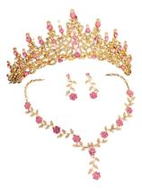 Kit Tiara Coroa + Colar Brinco Rosa Debutante Noiva Luxo