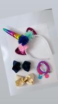 KIT Tiara de unicórnio, laços e pulseiras.