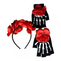 Kit Tiara E Luvas Caveira Mexicana Com Flores Halloween