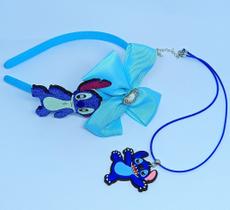 Kit Tiara Infantil Arquinho de Cabelo com Laço pompom Disney + Colar Desenho animado Lilo Stitch 3D Festa Aniversário