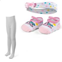 Kit Tiara Lacinho Meia Sapatilha e Meia Calça de Alta Qualidade Recém Nascido Infantil Menina Dallf