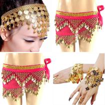 Kit Tiara, Lenço de Quadril E Par de Pulseiras Com Moedas Dança Do Ventre/Cigana/Indiana - KIT29 Kit Tiara, Lenço de Quadril E Par de Pulseiras Com Moedas Dança Do Ventre/Cigana/Indiana - KIT29