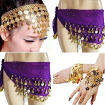 Kit Tiara, Lenço de Quadril E Pulseiras Com Moedas Dança Do Ventre/Cigana/Indiana - KIT15