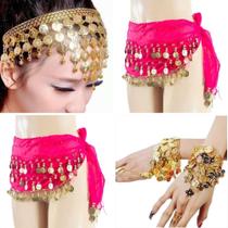 Kit Tiara, Lenço de Quadril E Pulseiras Com Moedas Dança Do Ventre/Cigana/Indiana - KIT15