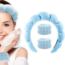 Kit Tiara Nuvem e Pulseiras para Maquiagem e Skincare Azul (3 Peças)