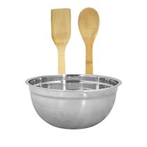 Kit Tigela Bowl Inox Saladeira 3,2 Litros Mix Colheres Bambu