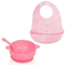 Kit Tigela Infantil Bebê Babador Colher De Silicone Rosa - Uny Gift Comercio de Imp. e Ex