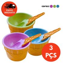 Kit Tigela Pote Potinho E Colher Formato Casquinha Plástico Colorido Sorvete Açaí Sobremesa Fruta