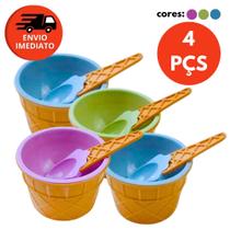 Kit Tigela Pote Potinho E Colher Formato Casquinha Plástico Colorido Sorvete Açaí Sobremesa Fruta