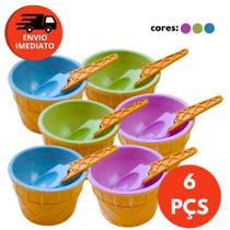 Kit Tigela Pote Potinho E Colher Formato Casquinha Plástico Colorido Sorvete Açaí Sobremesa Fruta