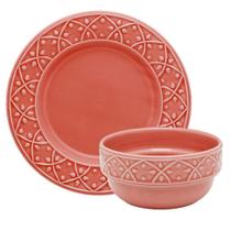 Kit Tigelas Bowl e Pratos de Sobremesa 24 Peças Mendi Coral Oxford Cerâmica