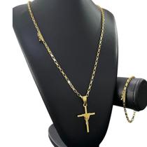 Kit Tijolinho 4mm + Cruz Amarrada Banhado a Ouro