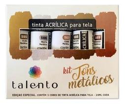 Kit Tinta Acrílica 20ml 5 Cores Tons Metalico Talento