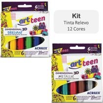 Kit Tinta Dimensional 3D 12 Cores Brilhante Metálica Acrilex Relevo Ideal Uso Tecido Madeira Papel Cerâmica MDF Isopor