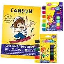 Kit Tinta Guache Bastão 12 Cores Neon e Básicas Acrilex com Bloco de Desenho Canson 140g Escolar Infantil