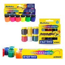 Kit Tinta Guache Tempera 24 Cores Acrilex Básica Glitter Neon Escolar Infantil