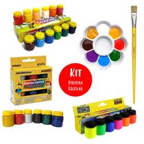 Kit Tinta Guache Tempera 24cores acrilex + Bandeja Gode + Pincel Tigre Escolar para Pintura Artes Ensino Infantil