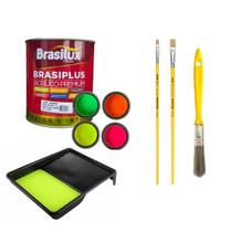 Kit Tinta Luminosa Luz Negra Varias Cores Bandeja e Pinceis Cor:Amarelo Luminoso Kit Tinta Luminosa Luz Negra Varias Cores Bandeja e Pinceis Cor:Amarelo Luminoso