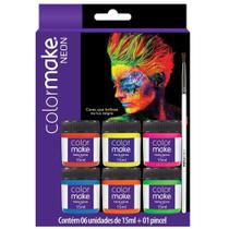 Kit Tinta para Rosto Líquida Neon e Pincel 15ml com 6 Cores - Colormake