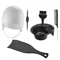 Kit Tintura Coloração Tigela Pincel Plaquete Touca e Pente Separador Mechas Luzes Silicone Agulha Dompel - Branco