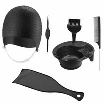 Kit Tintura Coloração Tigela Pincel Plaquete Touca e Pente Separador Mechas Luzes Silicone Agulha Dompel - Preto