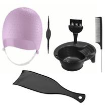 Kit Tintura Coloração Tigela Pincel Plaquete Touca e Pente Separador Mechas Luzes Silicone Agulha Dompel - Rosa