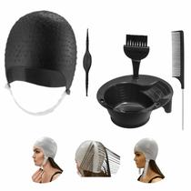 Kit Tintura Coloração Tigela Pincel Touca e Pente Separador Mechas Luzes Silicone Agulha Dompel - Preto