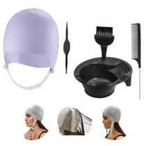 Kit Tintura Coloração Tigela Pincel Touca e Pente Separador Mechas Luzes Silicone Agulha Dompel - Roxa