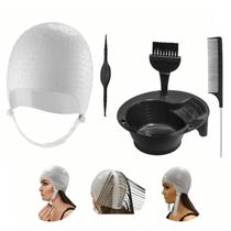 Kit Tintura Coloração Tigela Pincel Touca e Pente Separador Mechas Luzes Silicone Agulha Dompel