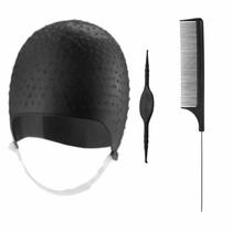 Kit Tintura Coloração Touca e Pente Separador de Mechas Luzes Silicone Agulha Dompel - Preto