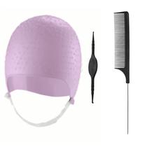 Kit Tintura Coloração Touca e Pente Separador de Mechas Luzes Silicone Agulha Dompel - Rosa