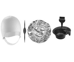 Kit Tintura hidratação Tigela Pincel e Touca Mechas Luzes Siliconada Metalizada Com Agulha Dompel - Branco