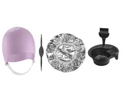 Kit Tintura hidratação Tigela Pincel e Touca Mechas Luzes Siliconada Metalizada Com Agulha Dompel - Rosa