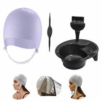 Kit Tintura Tigela Pincel e Touca Para Mechas Luzes Siliconada Profissional Com Agulha Dompel Cores - Roxa