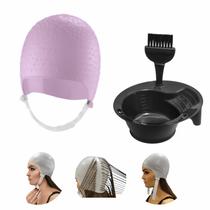 Kit Tintura Tigela Pincel e Touca Para Mechas Luzes Siliconada Profissional Dompel Cores - Rosa Kit Tintura Tigela Pincel e Touca Para Mechas Luzes Siliconada Profissional Dompel Cores - Rosa