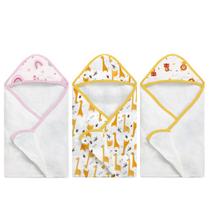 Kit Toalha de Banho Fralda/felpuda com Capuz 3 Pçs Arco Íris Girafa e Leão