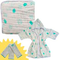 Kit Toalha e Roupão Banho Bebe Soft De Fralda com Capuz 100% Algodão + 3 Paninho de Boca Praia Piscina Natação Maternidade Avião - Teciclean