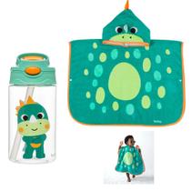 Kit Toalha Poncho e Garrafinha Tritan Canudo 450ml Dinossauro Buba