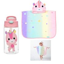 Kit Toalha Poncho e Garrafinha Tritan Canudo 450ml Unicórnio Buba