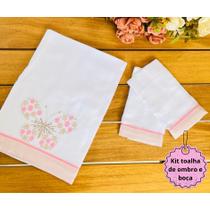 Kit Toalhas Fralda De Ombro E Boca Para Bebe Tema Borboleta Floral Rosa