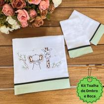 Kit Toalhas Fralda De Ombro E Boca Para Bebe Tema Elefantinho E Girafinha Verde