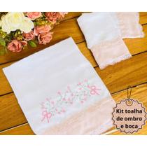 Kit Toalhas Fralda De Ombro E Boca Para Bebe Tema Ramos Com Flores Rosa