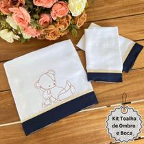 Kit Toalhas Fralda De Ombro E Boca Para Bebe Tema Ursinho Amigo Azul Marinho