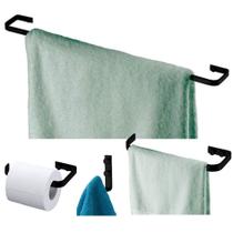Kit Toalheiro + Cabide Multiuso + Porta Toalha Rosto + Suporte Papel Higiênico Preto Fosco - Future Kit Toalheiro + Cabide Multiuso + Porta Toalha Rosto + Suporte Papel Higiênico Preto Fosco - Future