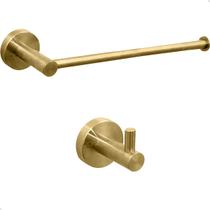 Kit Toalheiro Dourado Escovado Porta Toalha De Rosto Mãos Reto E Cabide Gancho Simples Aço Inox 304 Suporte Parede Banheiro Acessório Lavabo Luxo