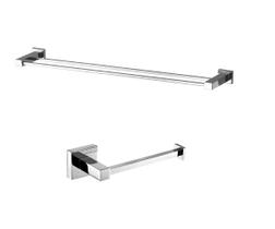 Kit Toalheiro Duplo e Porta Papel Higiênico Retro Cromado