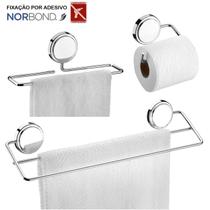 Kit Toalheiro Duplo Porta Toalha Rosto Suporte Papel Higiênico Adesivo Dupla Face Banheiro Cromado - Future