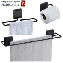Kit Toalheiro Duplo Porta Toalha Rosto Suporte Papel Higiênico Banheiro Adesivo Dupla Face Preto Fosco - Future Kit Toalheiro Duplo Porta Toalha Rosto Suporte Papel Higiênico Banheiro Adesivo Dupla Face Preto Fosco - Future