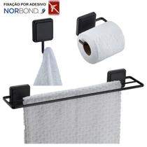 Kit Toalheiro Duplo Suporte Papel Higiênico Gancho Porta Toalha Banheiro Adesivo Dupla Face Preto Fosco - Future Kit Toalheiro Duplo Suporte Papel Higiênico Gancho Porta Toalha Banheiro Adesivo Dupla Face Preto Fosco - Future